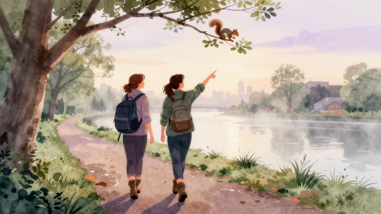 Two women hiking along the Thames Path at sunrise, muddy boots and misty river in background.