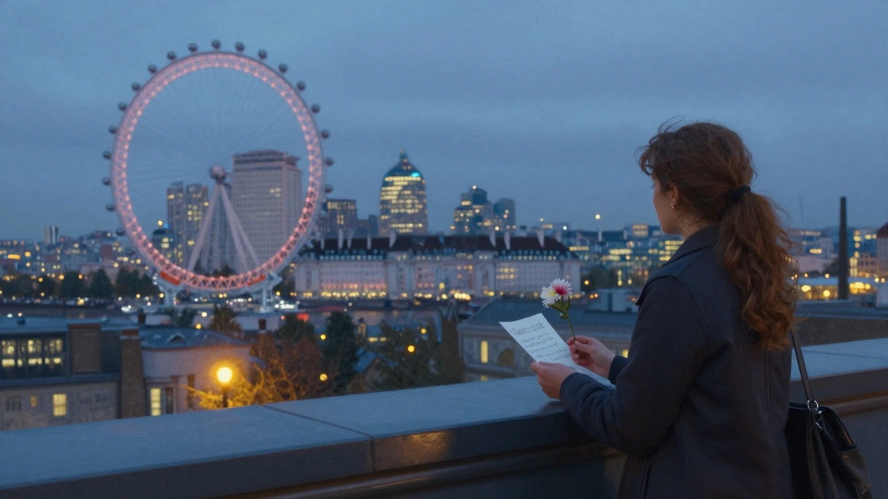 Two women watching the London skyline after a movie, holding a flower and note under twilight.