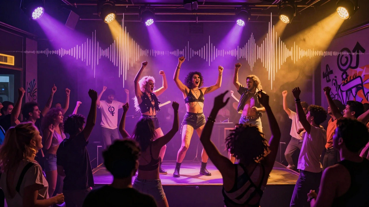 Vibrant dance floor at Club Kali with trans performers and joyful crowd under neon lights.