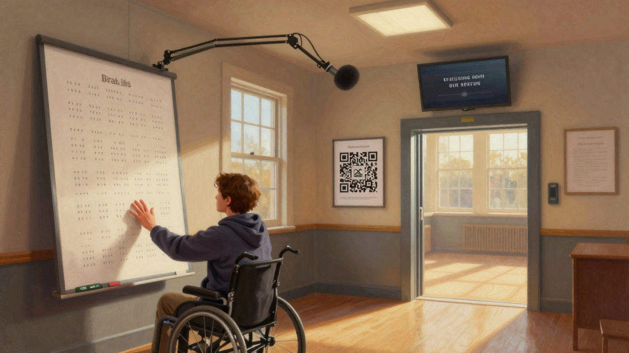 Visually impaired person touching Braille song list while using audio preview, with adjustable microphone and lift in background.