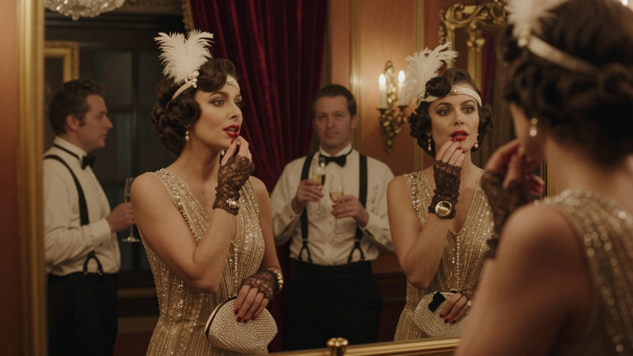 Woman in 1920s flapper dress adjusting red lipstick in a mirror at a classic burlesque venue.