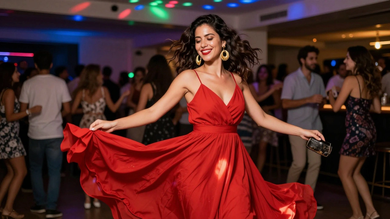 Woman in red flowy dress dancing under colorful lights at a Latin nightclub.