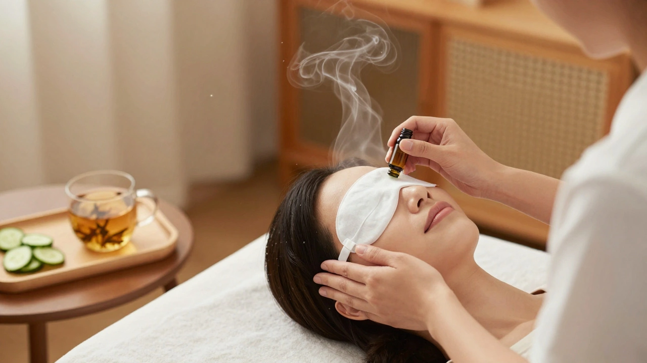 Woman receiving a calming scalp massage at home with heated eye mask and essential oils, eyes closed in relaxation.