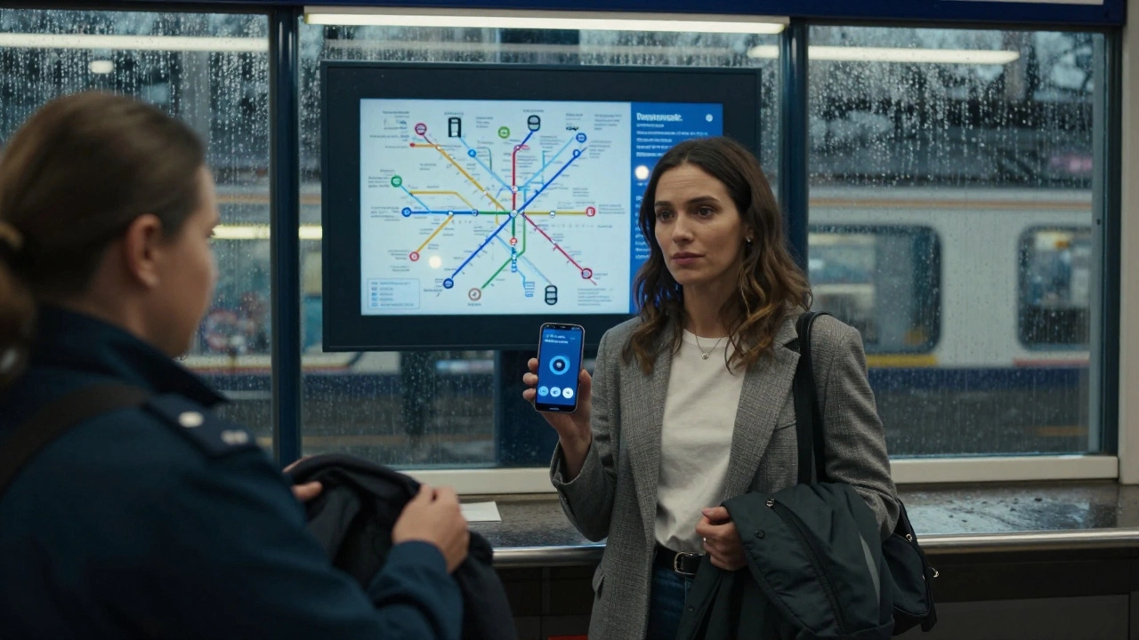 Woman receiving her jacket back at a Transport for London lost property counter.
