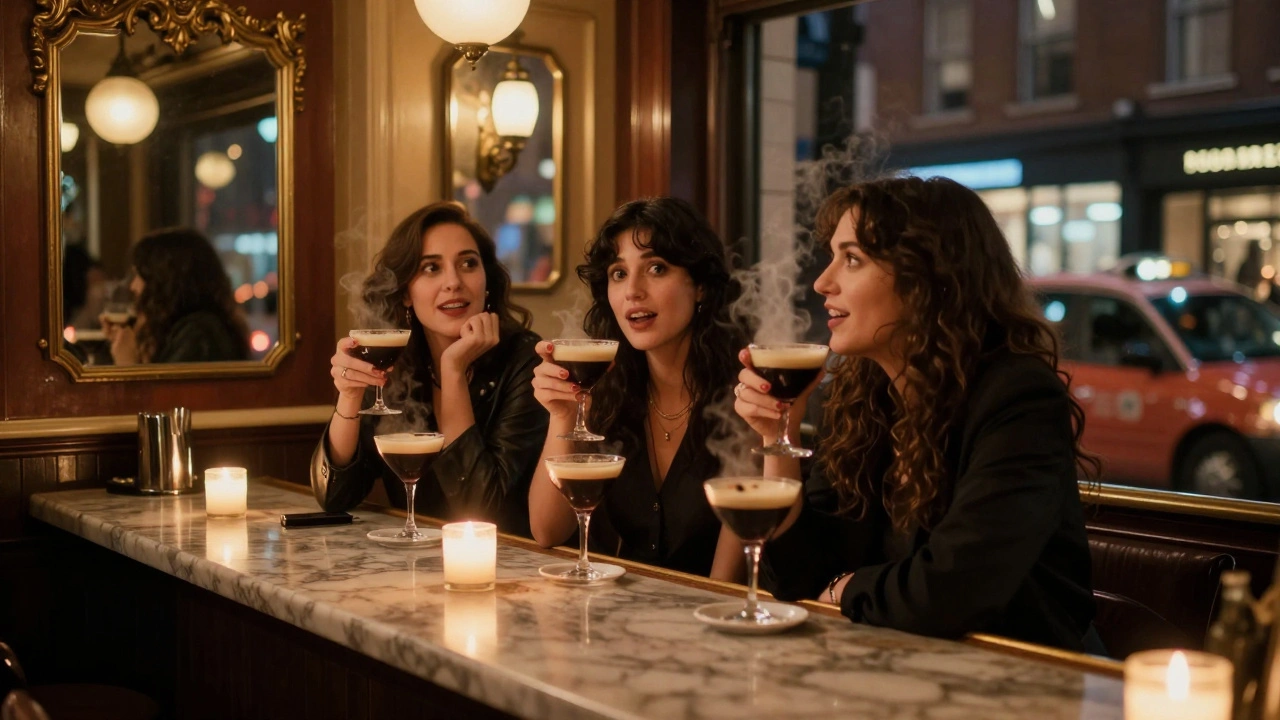 Women at Bar Termini sharing laughter over espresso martinis after a comedy show at night.
