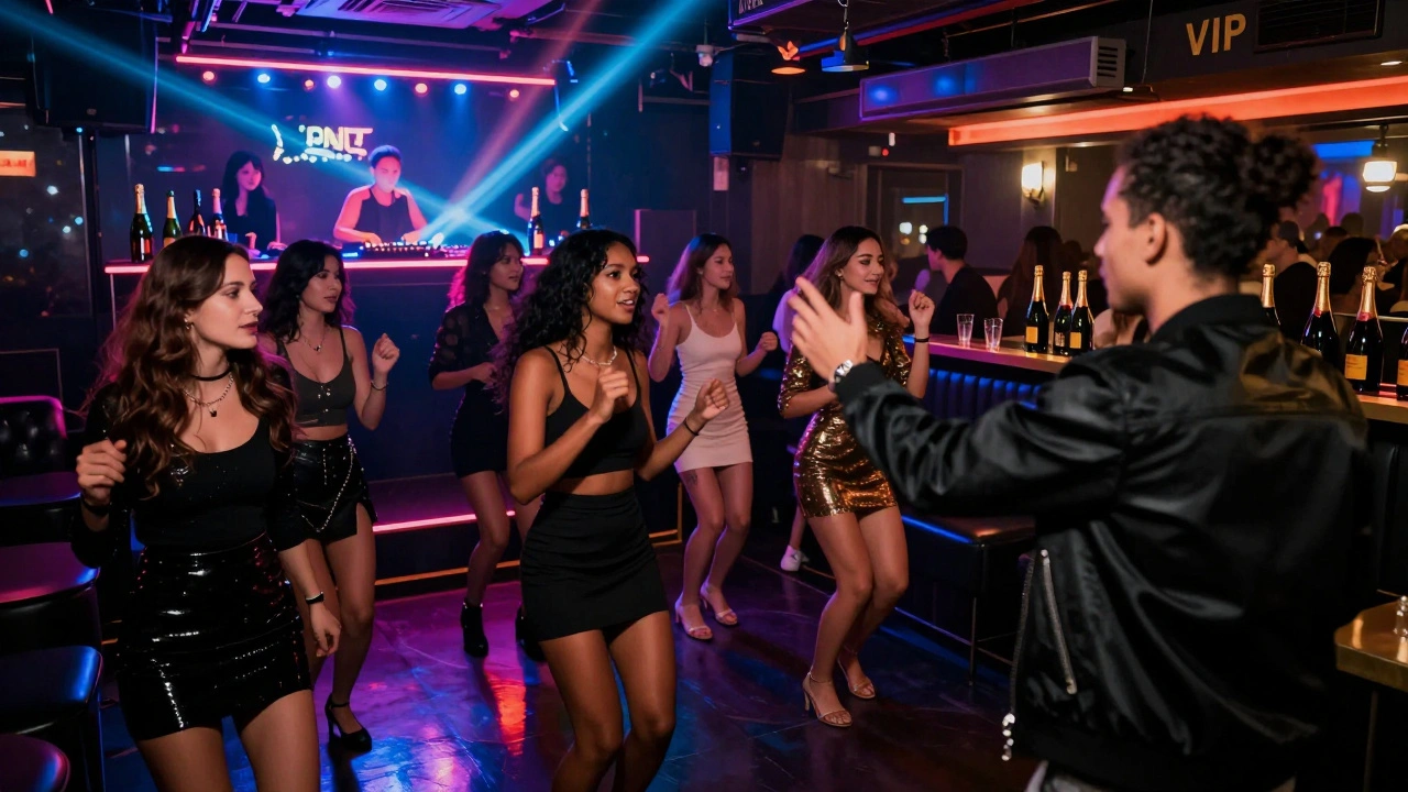 Women dancing in a vibrant nightclub under neon lights, guided by a leader in a black jacket.