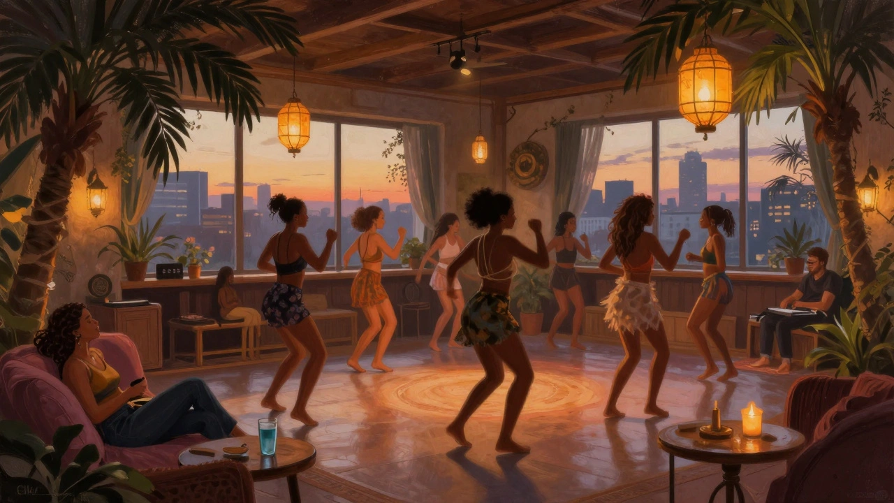 Women dancing under warm lanterns in a safe, tropical-inspired club as dawn breaks outside.