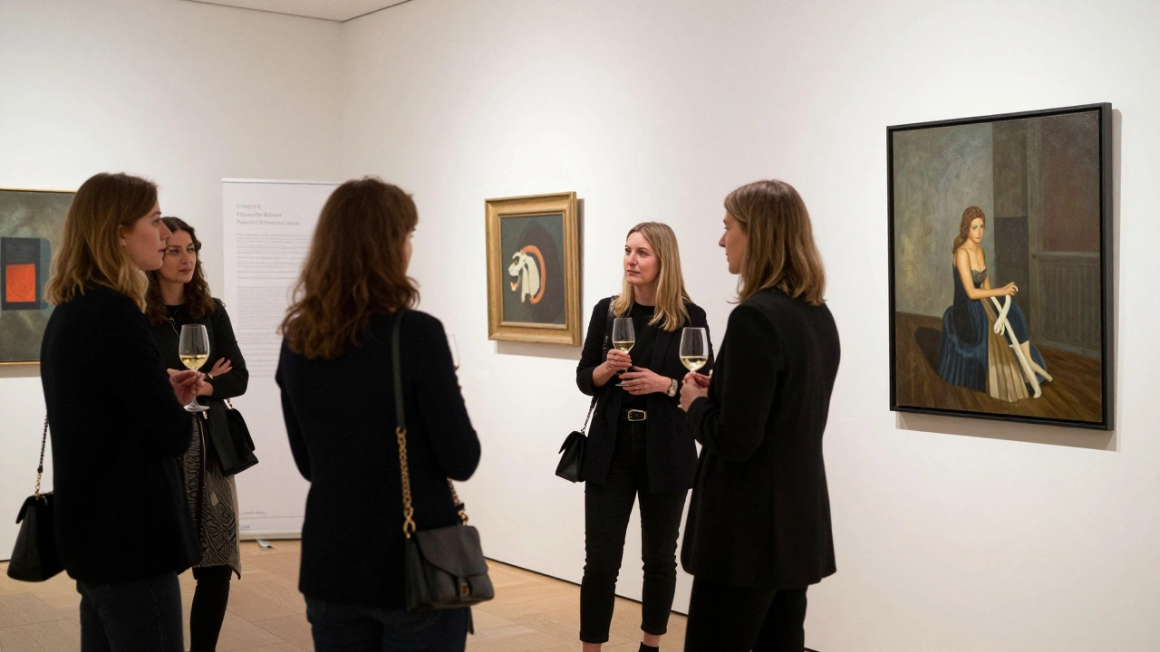 Women discussing art over wine at a London gallery opening, calm and engaged.