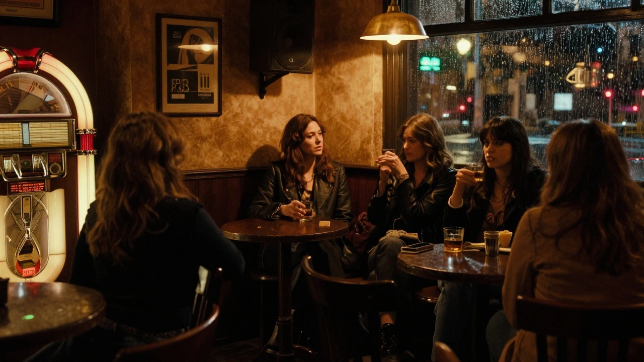 Women enjoying whiskey at The Eagle pub at night, jazz speaker and jukebox glowing in soft light.