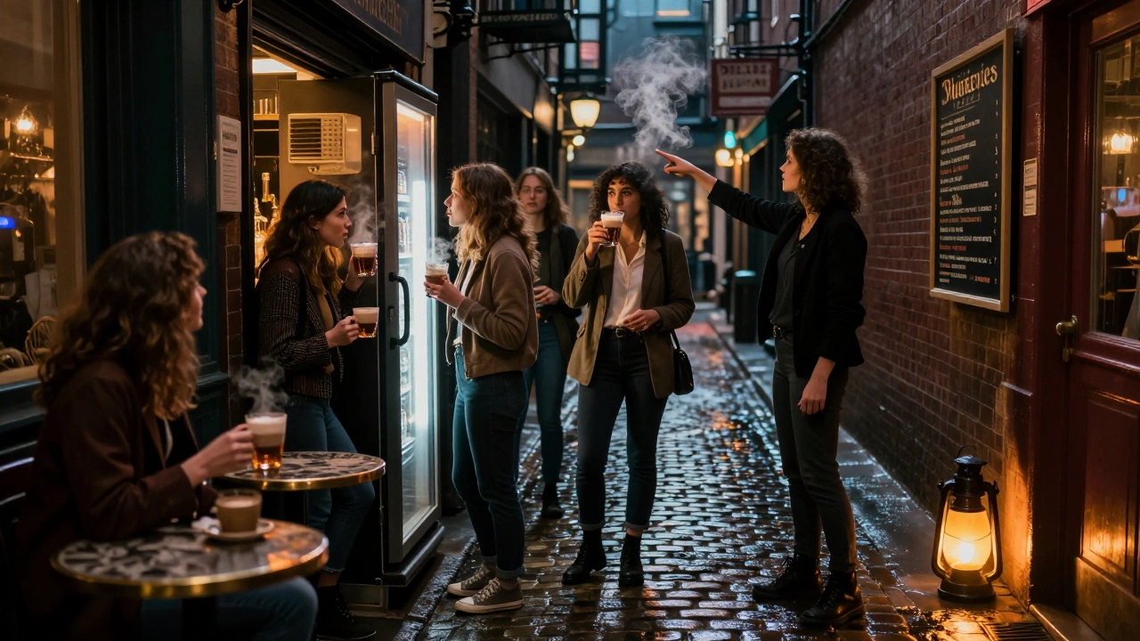 Women gathered at a hidden bar entrance in neon-lit Soho alley, sipping hot chocolate.