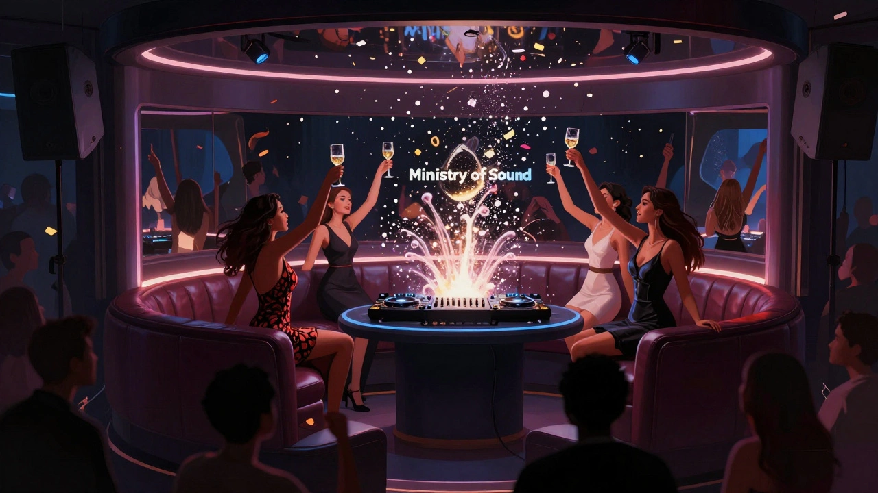 Women in elegant attire celebrating in a soundproofed VIP booth at Ministry of Sound with DJ console and glowing accents.