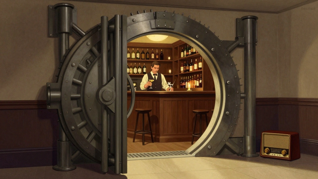 A 1940s-style speakeasy beneath a bank vault, with gin bottles and candlelight in a cozy, shadowy room.