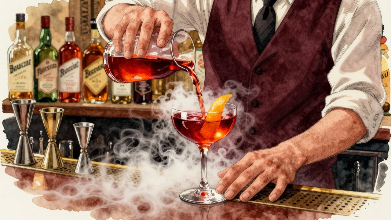 A bartender pouring a deep red non-alcoholic Negroni at Bar Termini, with citrus peel and mist in the air.