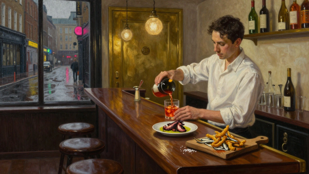 A bartender serving grilled octopus and Negroni at a small wooden counter in a hidden underground bar after midnight.