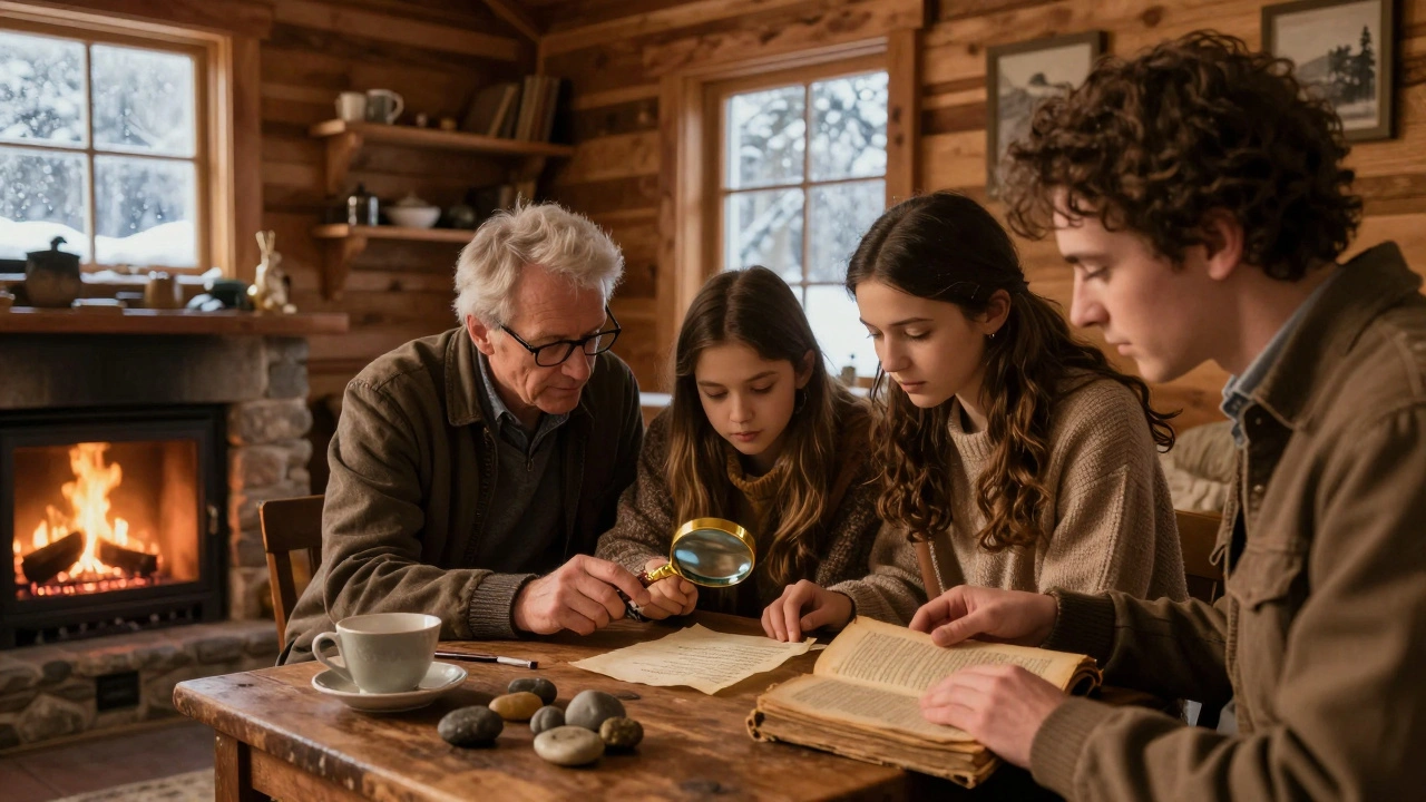 A cozy cabin with fireplace and books, where a group uses a magnifying glass to read a faded note.