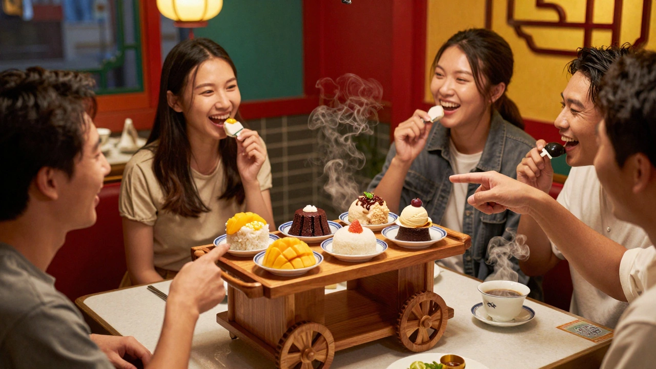 A dessert cart with six mini treats being chosen by smiling diners at a vibrant Asian restaurant.