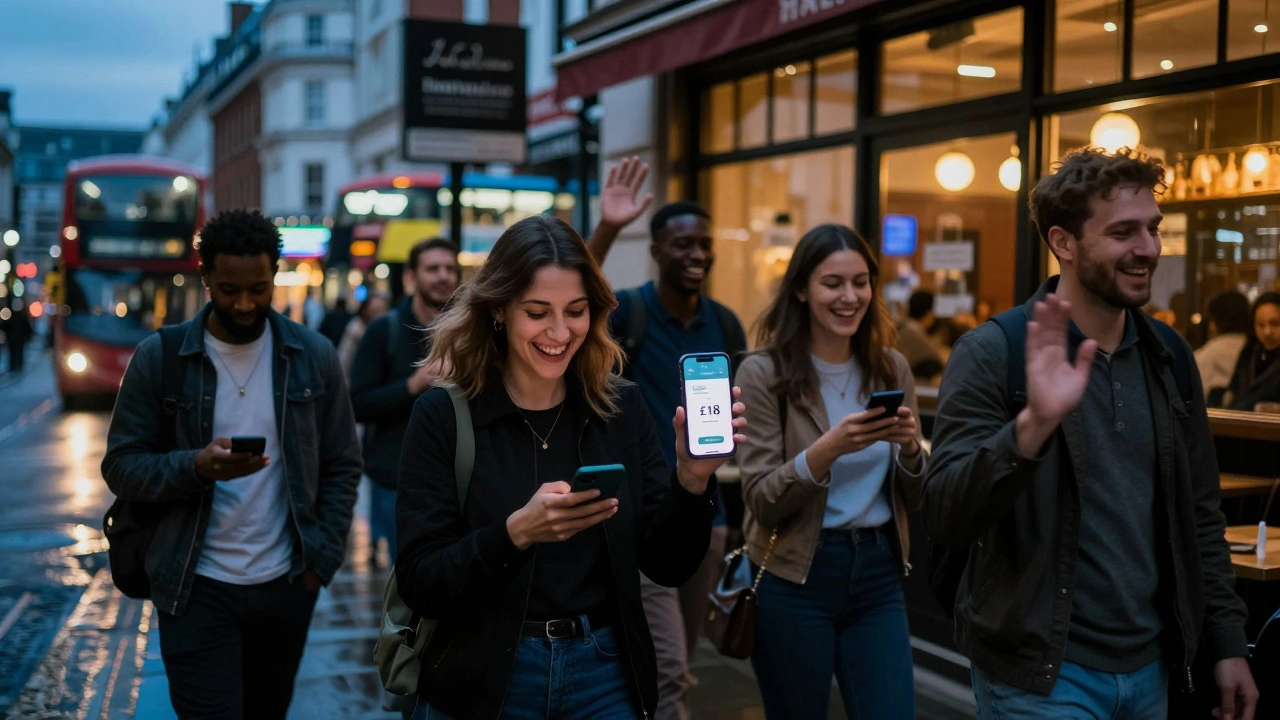 A diverse group laughing outside a London restaurant after paying their bills via mobile apps.