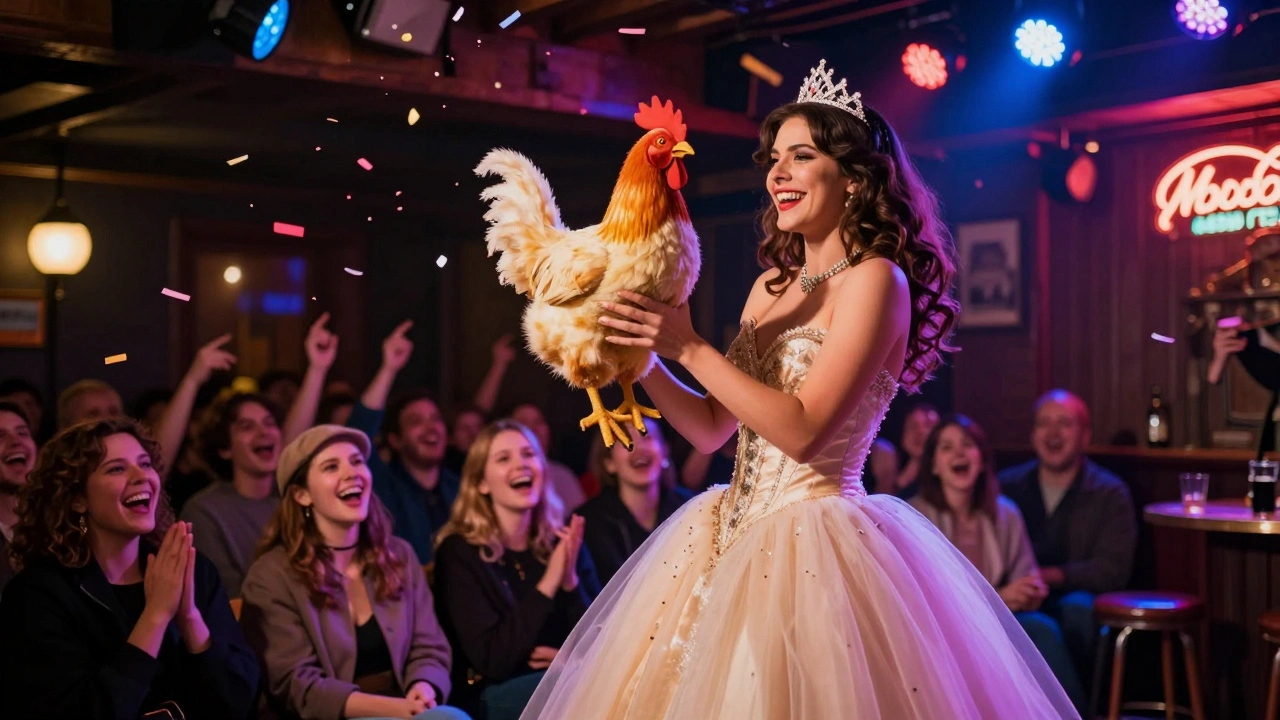 A drag queen in a ball gown holding a prop chicken as the crowd laughs in a historic London pub.