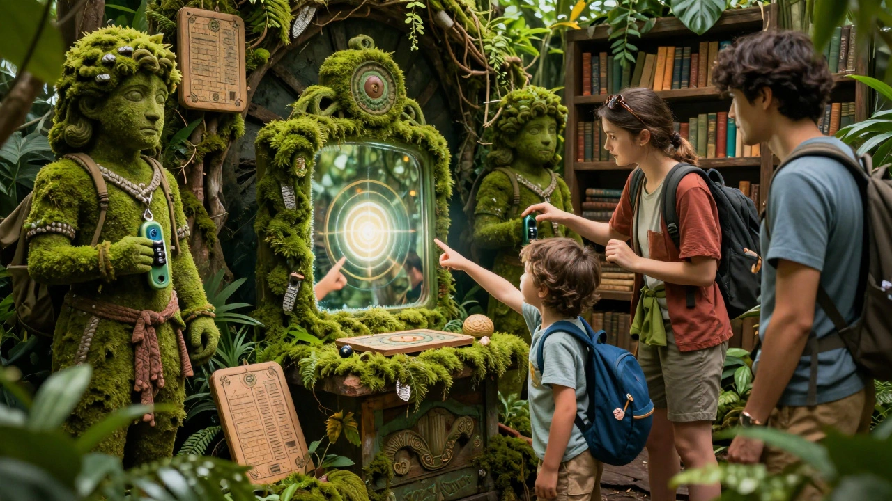 A family explores a colorful jungle temple, using mirrors and locks to uncover hidden artifacts.