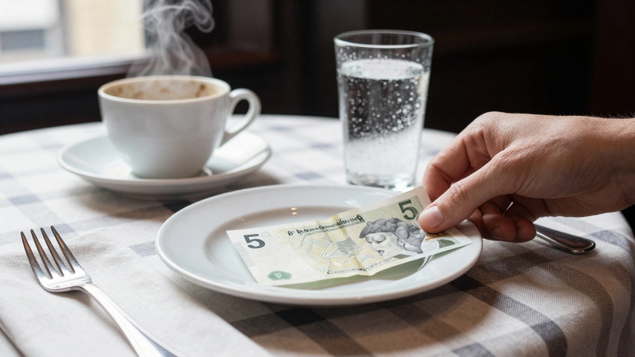 A £5 tip note placed under a plate in a cozy London pub.