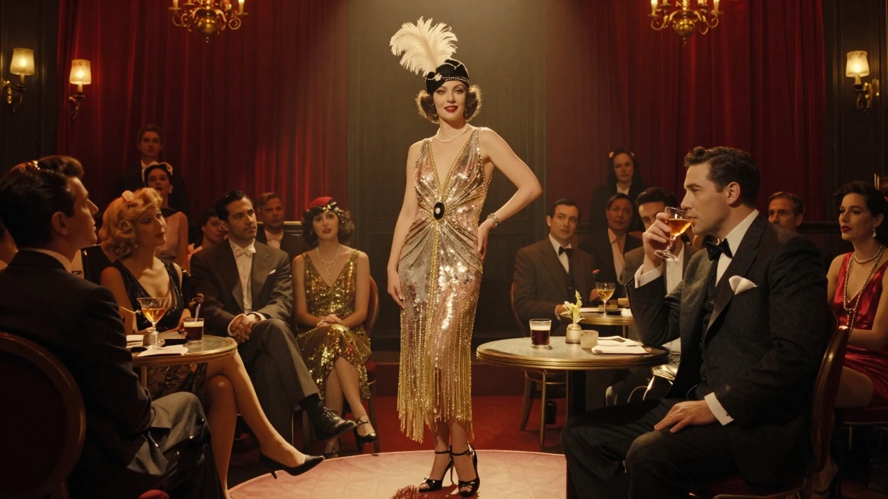 A glamorous woman in a sequined gown performing on a cabaret stage under golden spotlight.