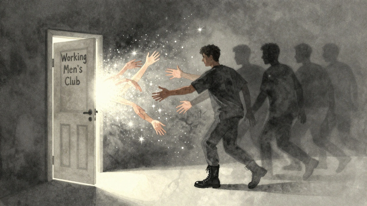 A glowing door opening into a radiant celebration of queer joy, with shadowy figures fading away behind it.