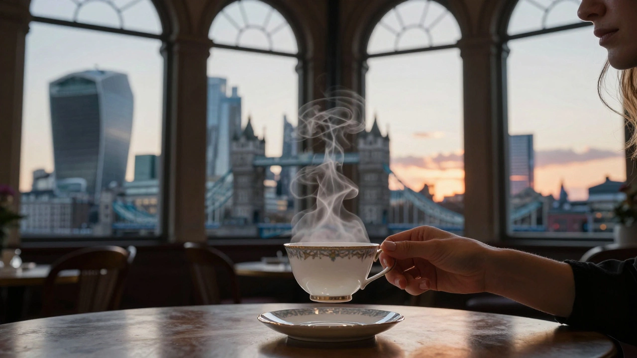 A hand lifting a teacup as steam forms the silhouette of London’s skyline, blending historic architecture with modern city views.
