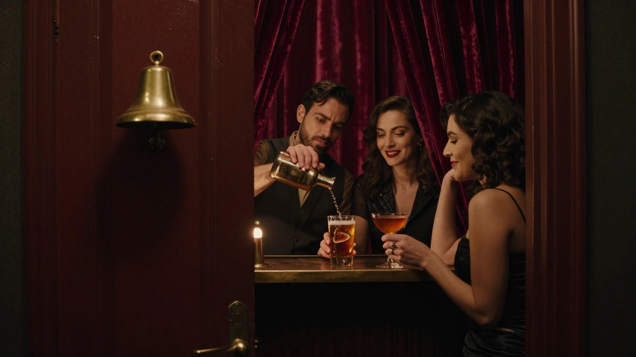 A hidden speakeasy interior with velvet curtains and a bartender mixing a dark cocktail in low light.