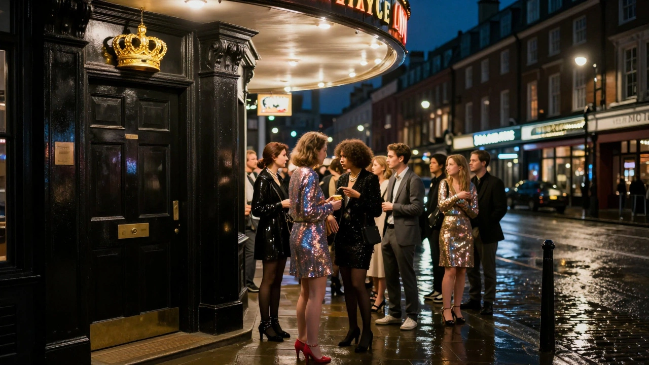 A line of elegantly dressed guests waiting outside a black door with a golden crown in Covent Garden.