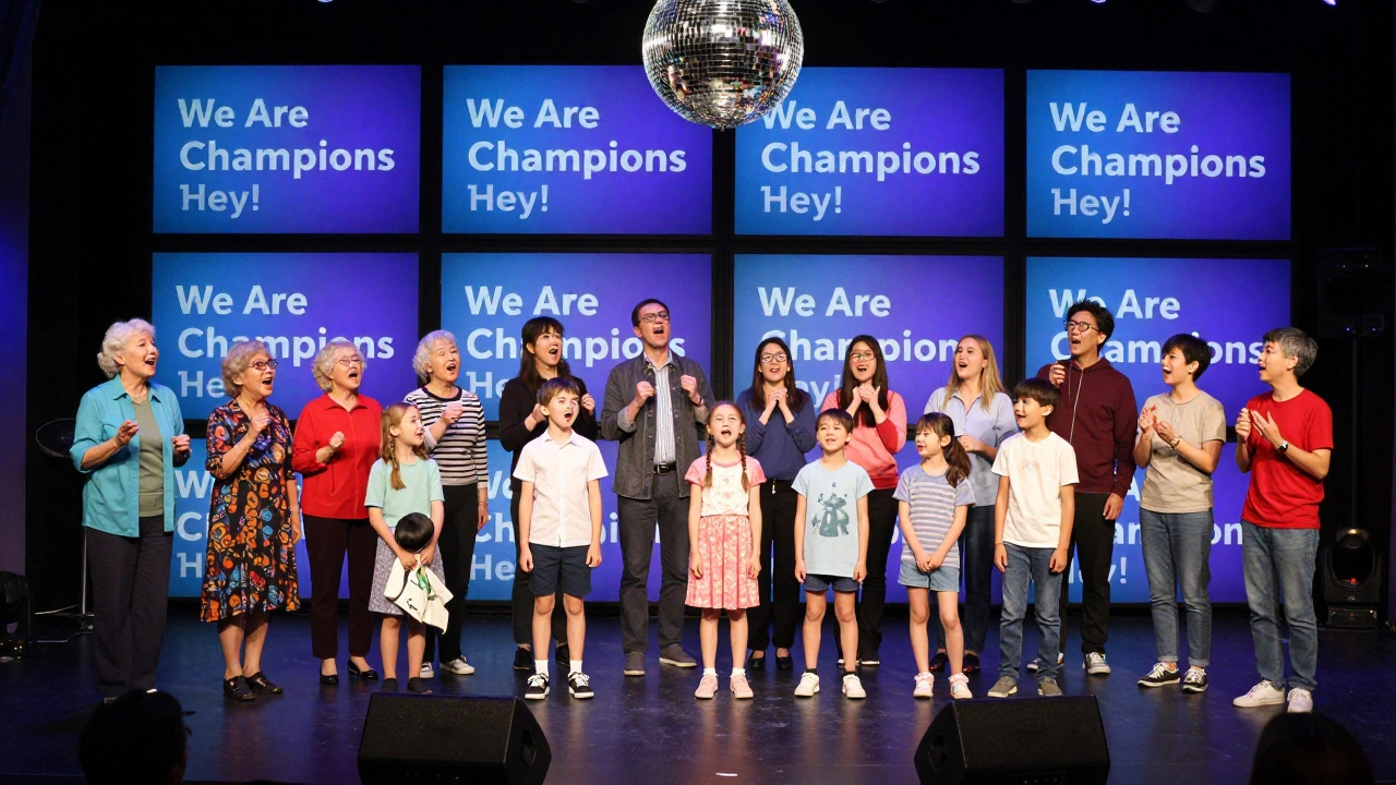 A multigenerational family performs on stage with a split-screen lyric display under a sparkling disco ball.