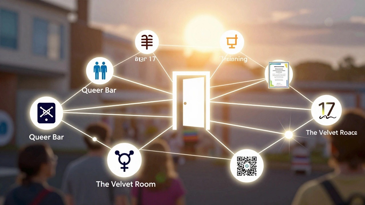 A network of glowing safe spaces across Australia connected by light, symbolizing community protection.
