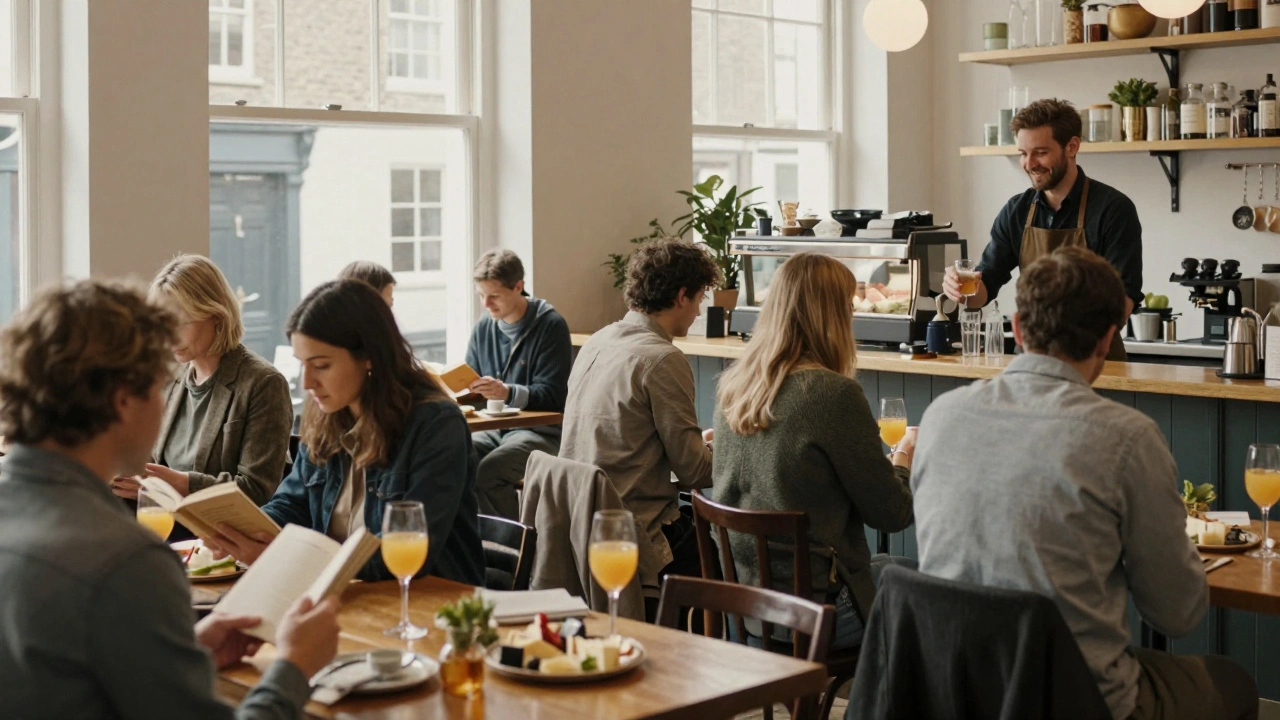 A peaceful weekday brunch at The Pantry in Brixton with patrons reading and sipping mimosas.