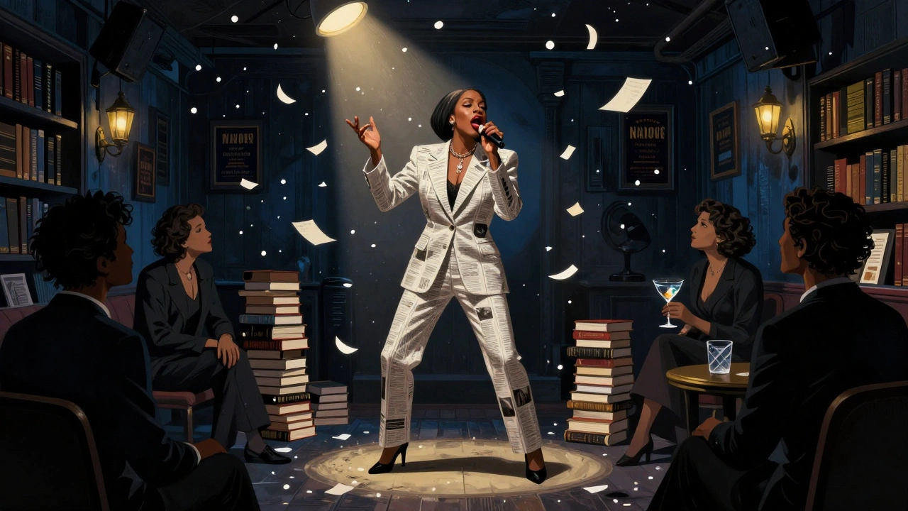 A performer in a newspaper suit sings Nina Simone in a book-filled basement bar, surrounded by attentive patrons.