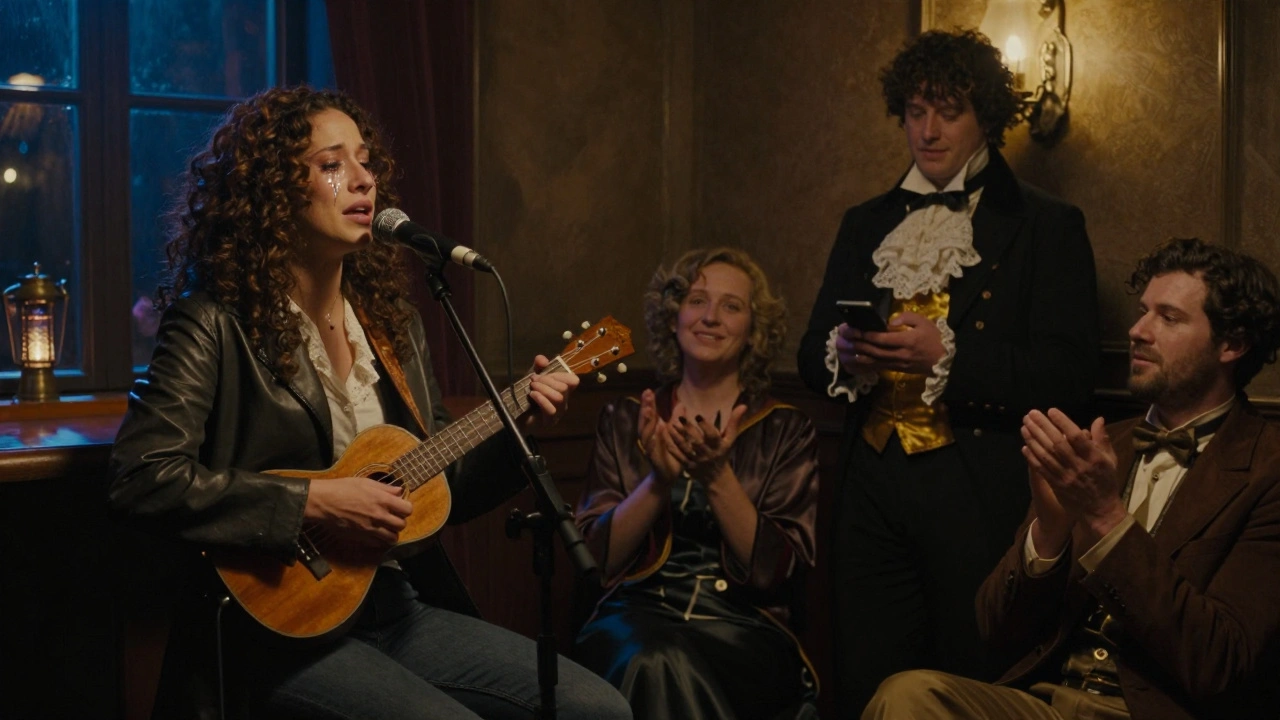 A performer singing a heartfelt ballad on ukulele under a spotlight while others watch in silent awe.