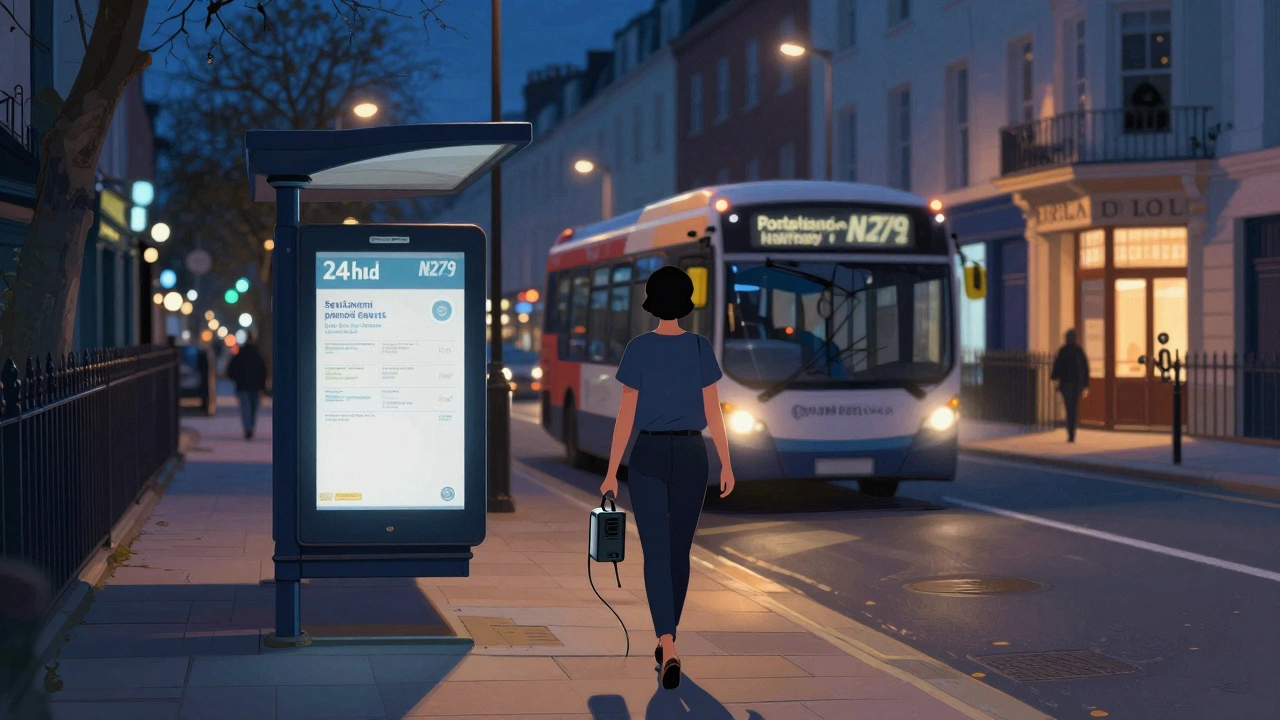A person walking toward a night bus stop in Notting Hill, carrying a charger, with a bus approaching under soft night lights.