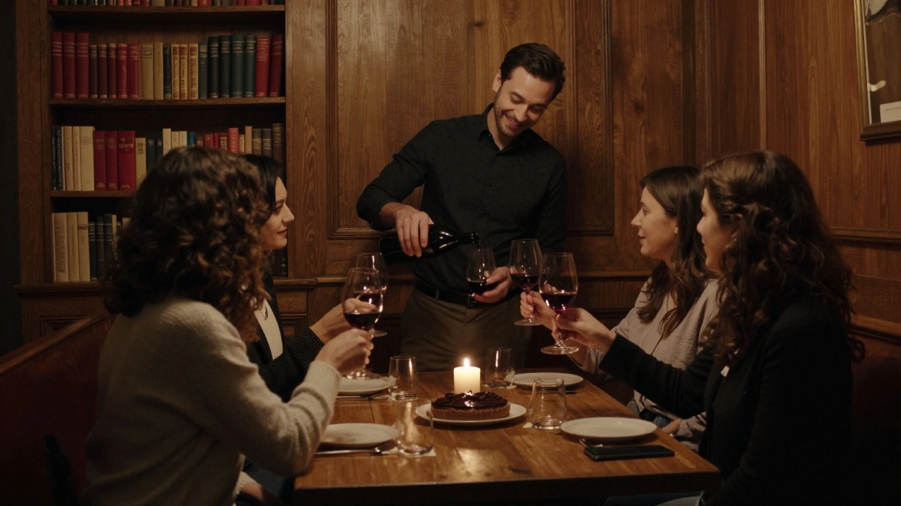 A quiet group toasting with wine at Bistrotheque under soft candlelight.