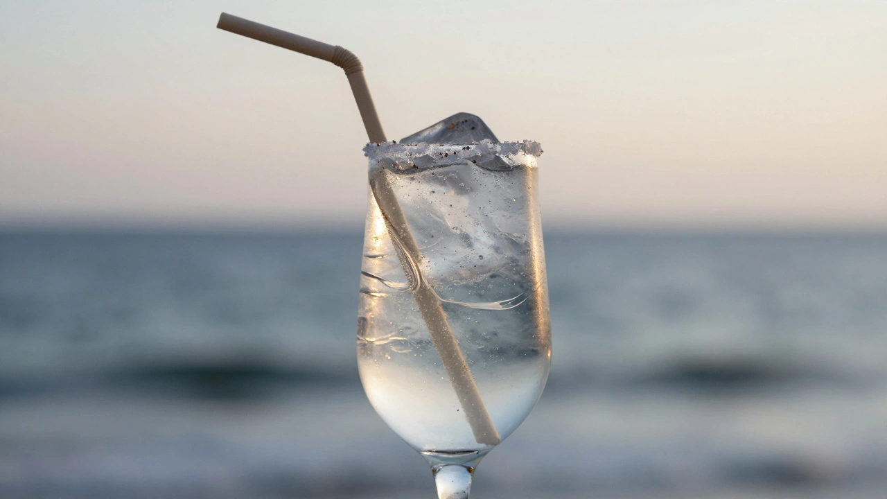 A sea salt gin fizz in a highball glass with melting ice and a bent paper straw, reflecting ocean light at dusk.