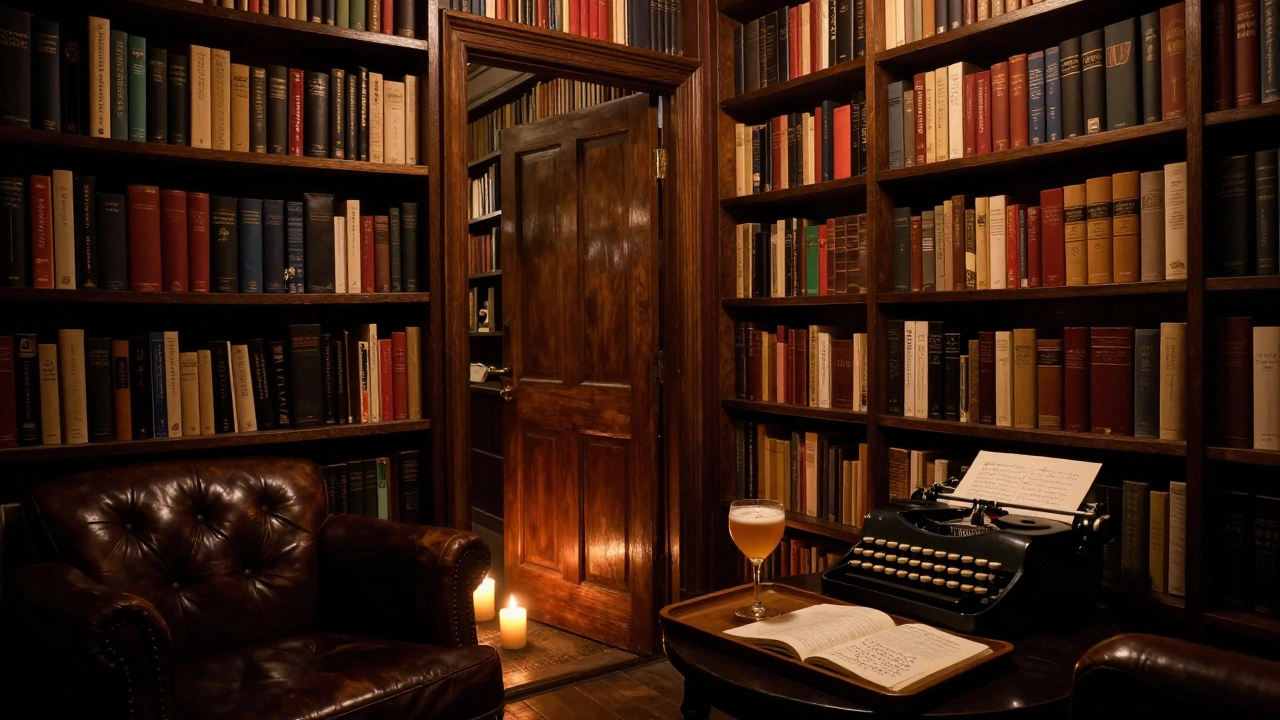 A secret bar accessed through a bookshop, with candlelit armchairs and a literary-themed cocktail on a wooden tray.