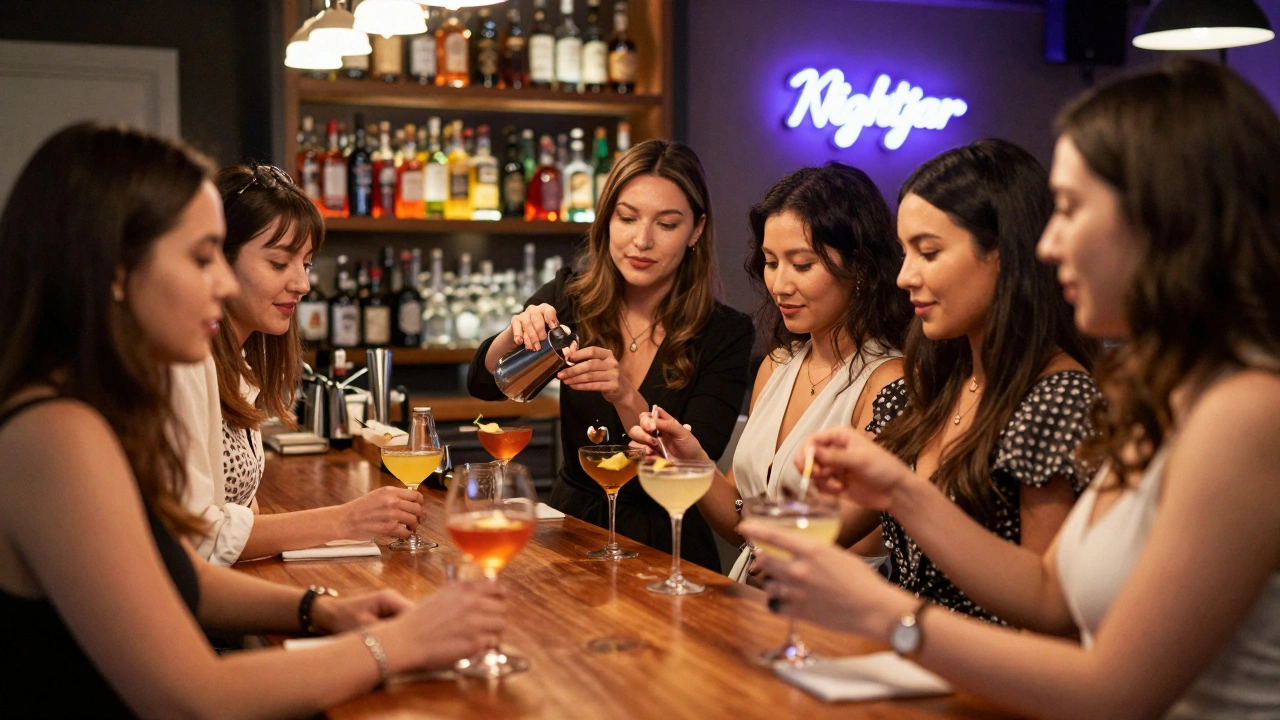 A small group learning to make cocktails at a stylish London bar with mixologist guidance.