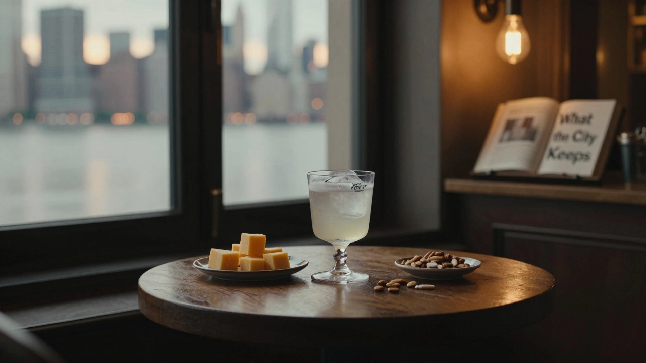 A small wooden table with a cocktail, cheese, and almonds beside an open book titled 'What the City Keeps'.