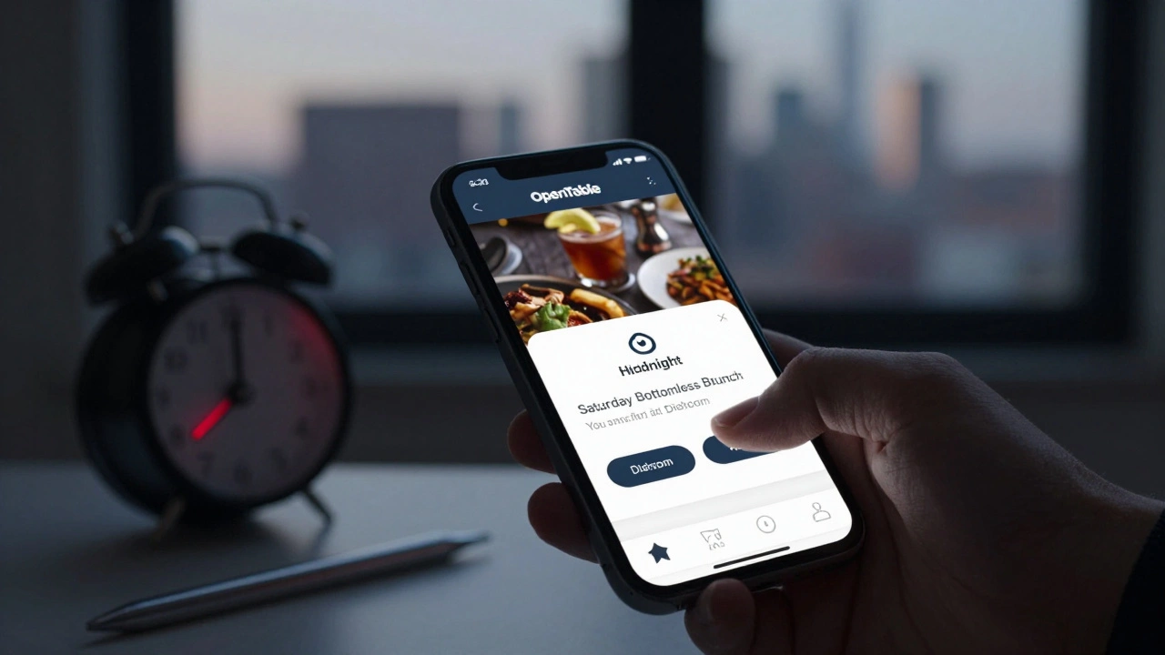 A smartphone screen at midnight showing a confirmed brunch reservation at Dishoom in London.