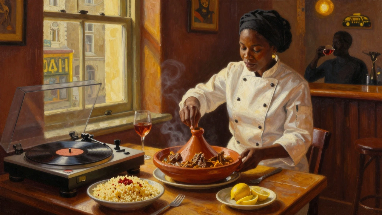 A woman chef stirring a rich lamb tagine in a warm, candlelit kitchen with jazz playing in the background.
