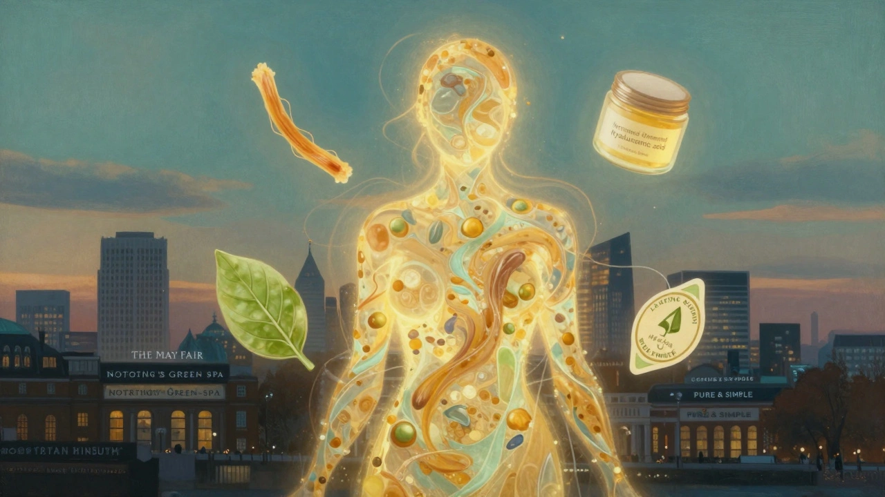 Abstract glowing figure surrounded by symbols of vegan beauty products and ethical certifications against a London skyline.