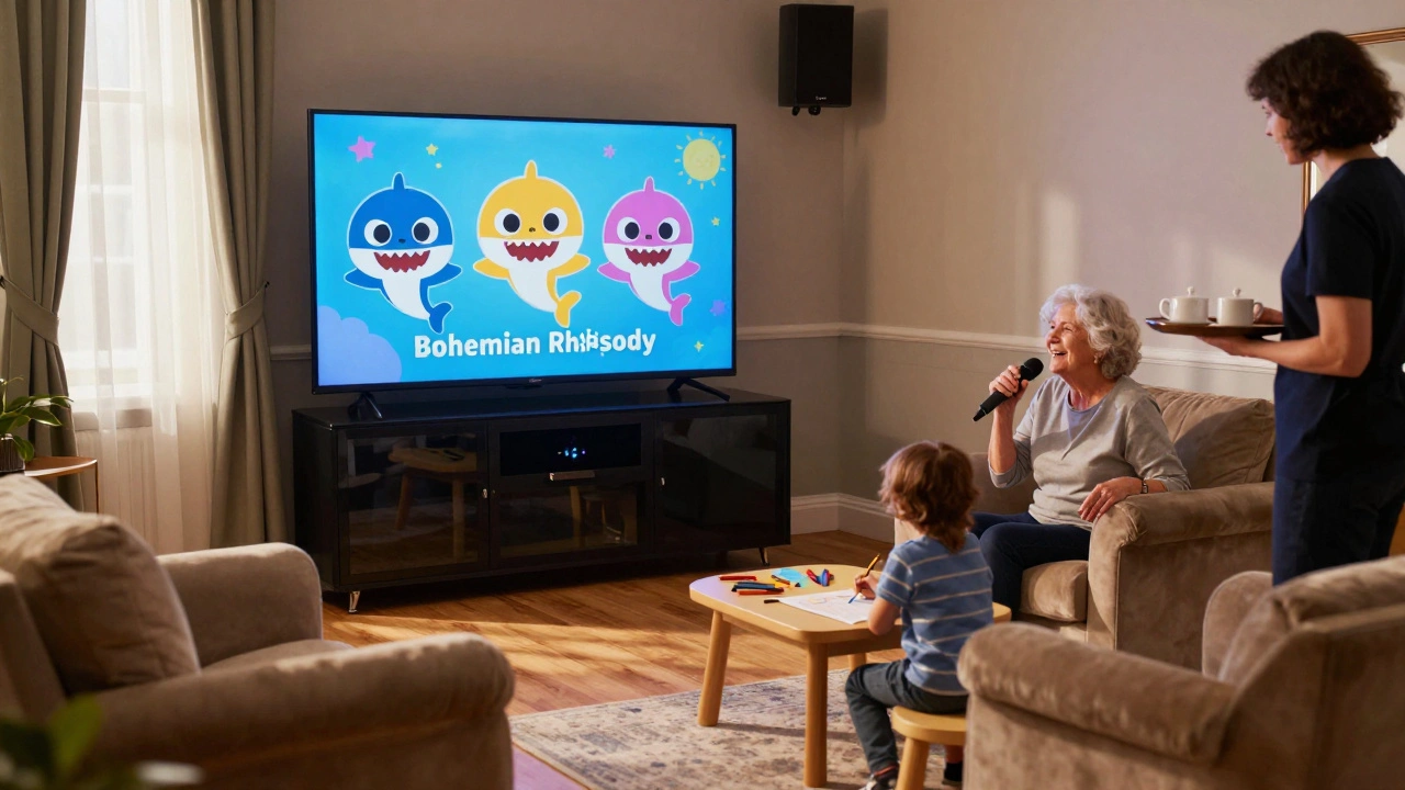 An elderly woman sings while a child colors at a cozy karaoke space with soft lighting and tea on a tray.