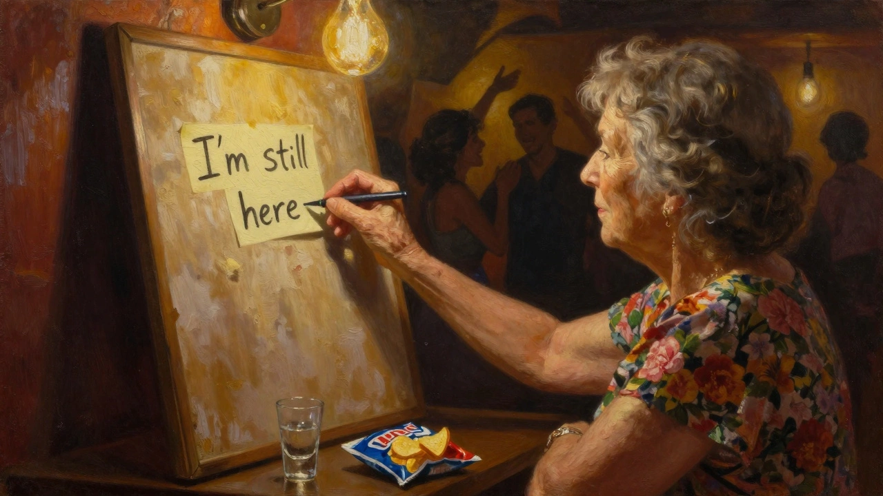 An elderly woman writing a heartfelt note on a sticky pad in the corner of a warm, intimate club space.