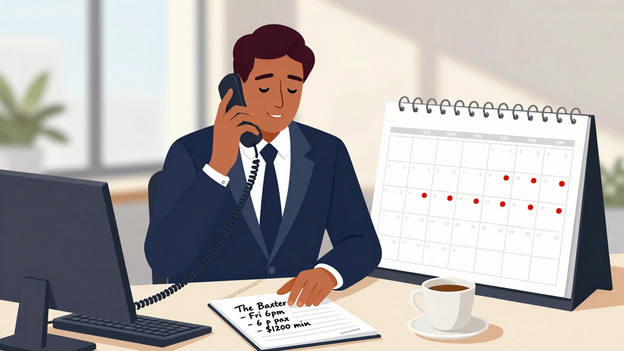 Bar events coordinator taking a weekday reservation call with a calendar marked for weekend bookings.