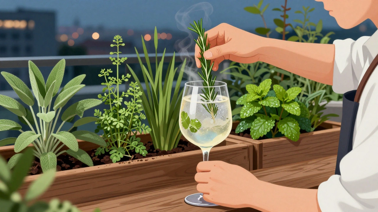 Bartender crushing rosemary over a gin cocktail, surrounded by fresh rooftop herbs under soft lighting.