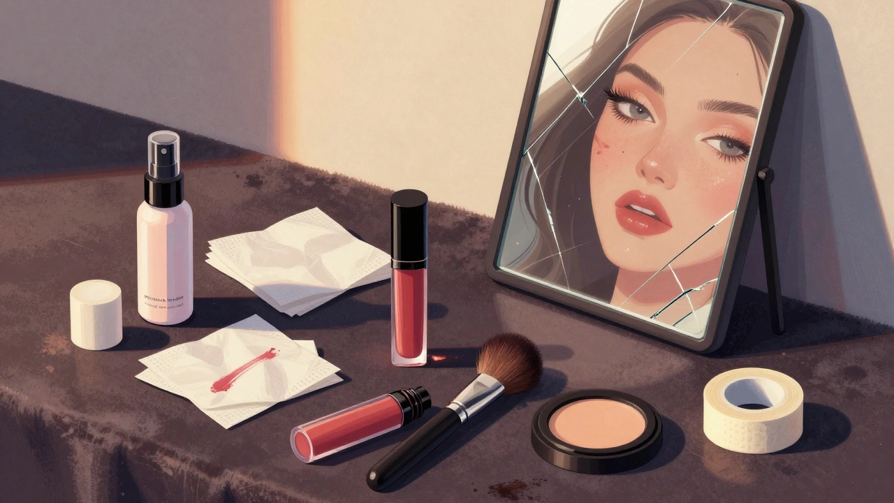 Beauty touch-up kit with setting spray, blotting papers, and lip tint on velvet surface.