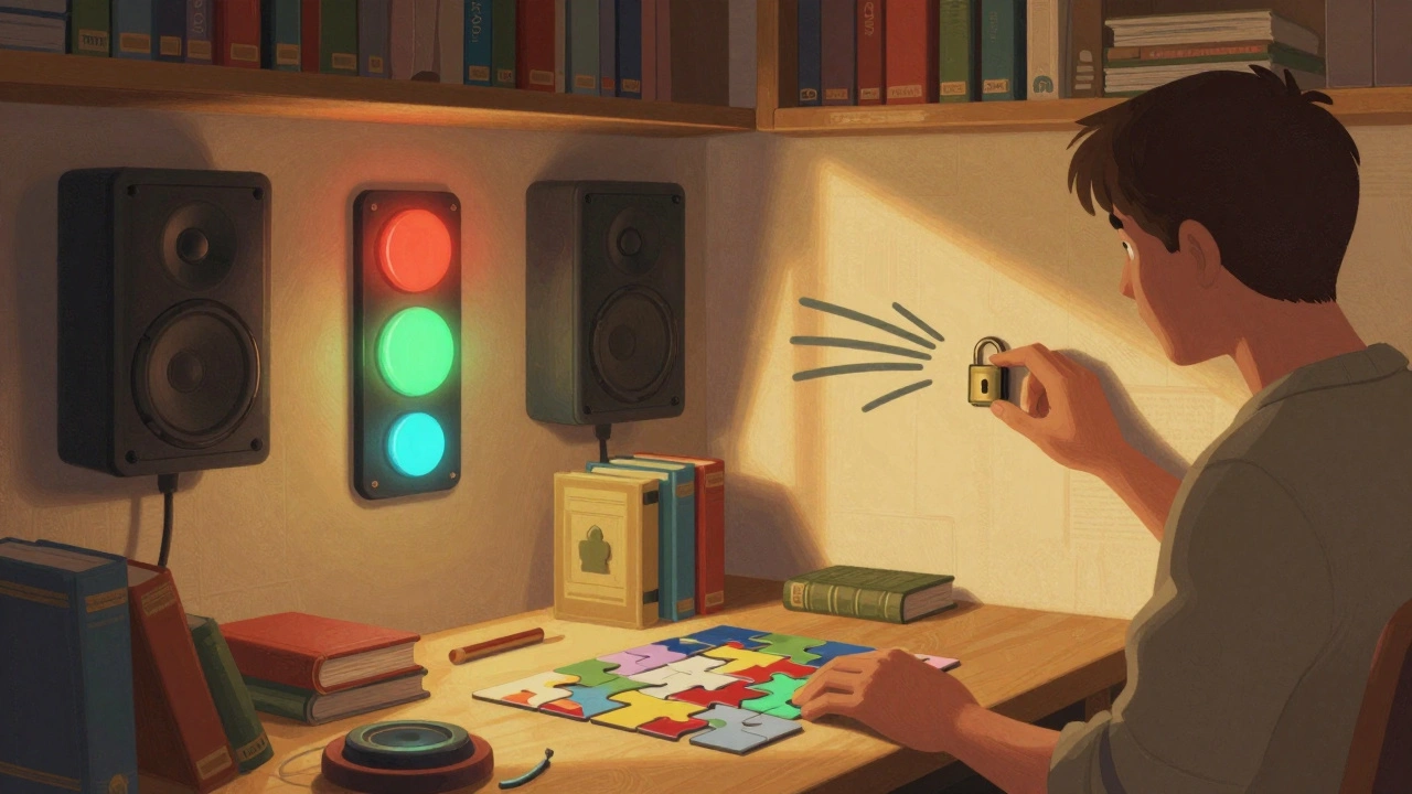 Blind player solving a puzzle using audio cues and tactile objects in a softly lit library-themed room.