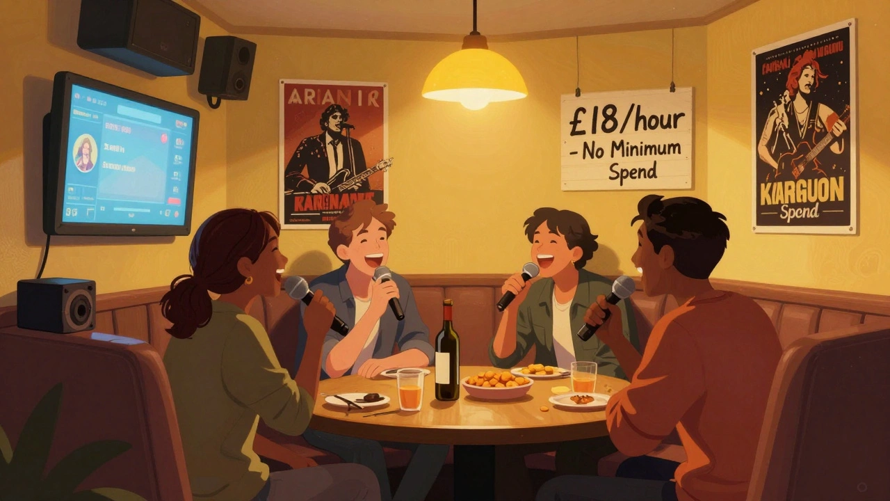 Casual group enjoying affordable karaoke in Camden with snacks and a £18/hour sign.